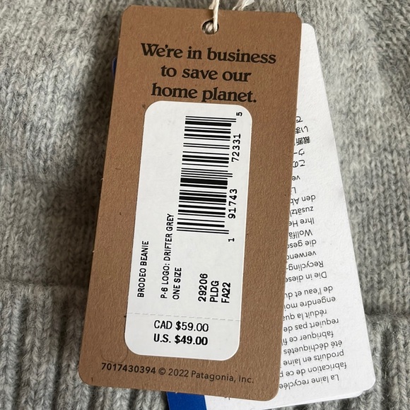 Brand New Patagonia Brodeo Beanie Recycled Wool Drifter Grey Logo Hat Ski Hike - Picture 7 of 15